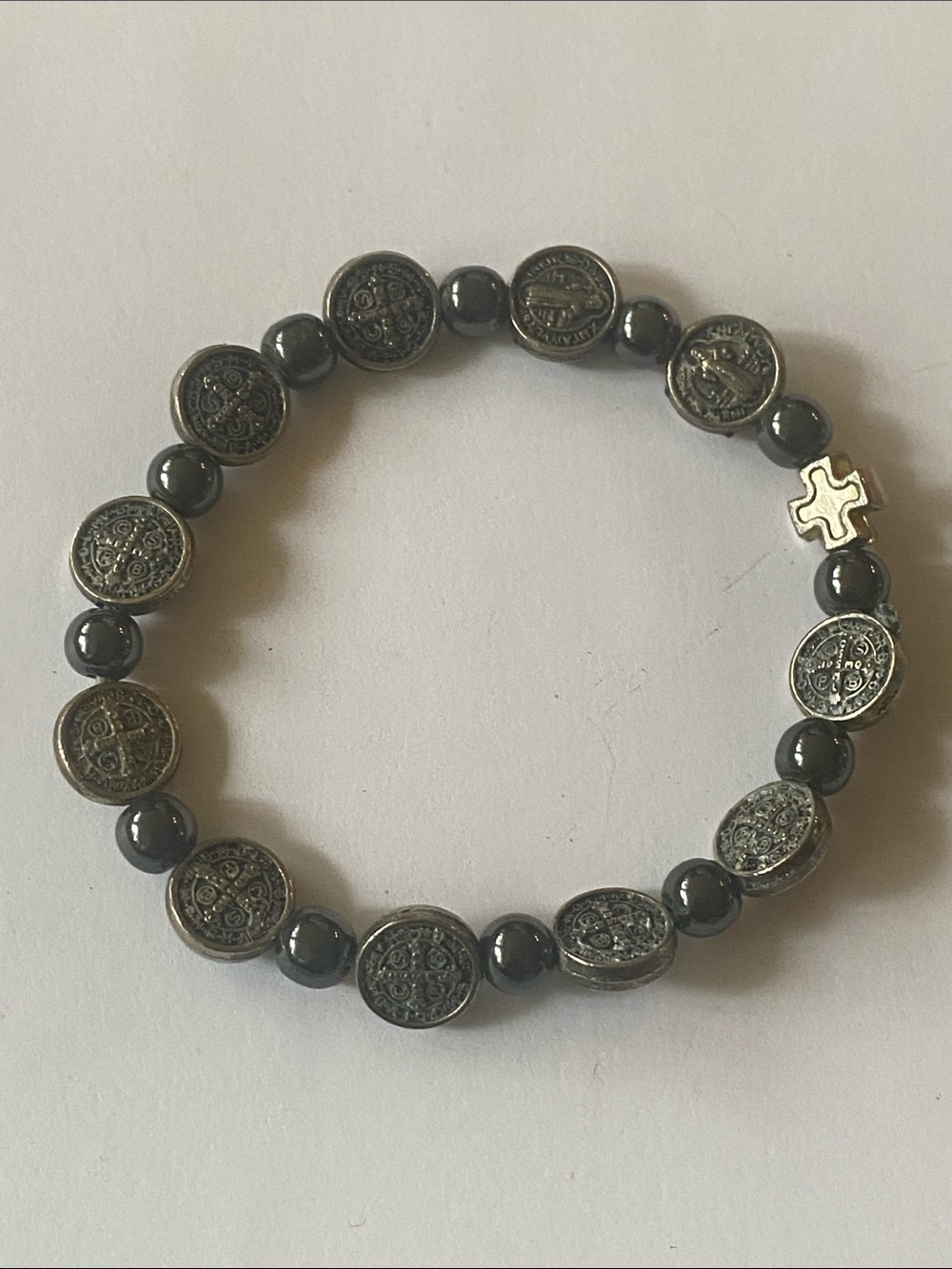 Hematite Bead Bracelet with religious Accents and Cross Charm - Black